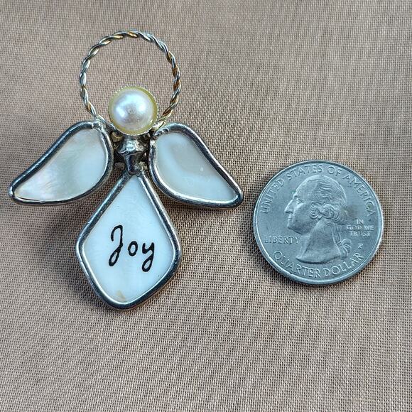 Joy Angel Lapel Pin Silver Tone and White Mother of Pearl - Picture 6 of 9